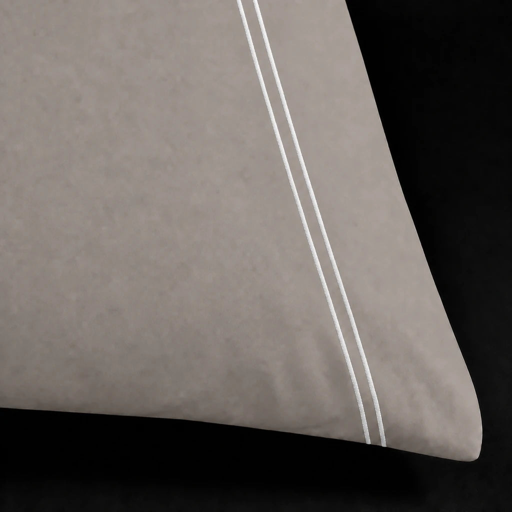 Stone 200TC cotton percale plain duvet cover set with White two row satin stitch - close-up - Linen and Co