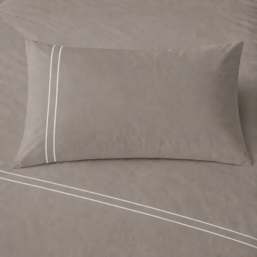 Stone 200TC cotton percale plain duvet cover set with White two row satin stitch - pillow on bed - Linen and Co