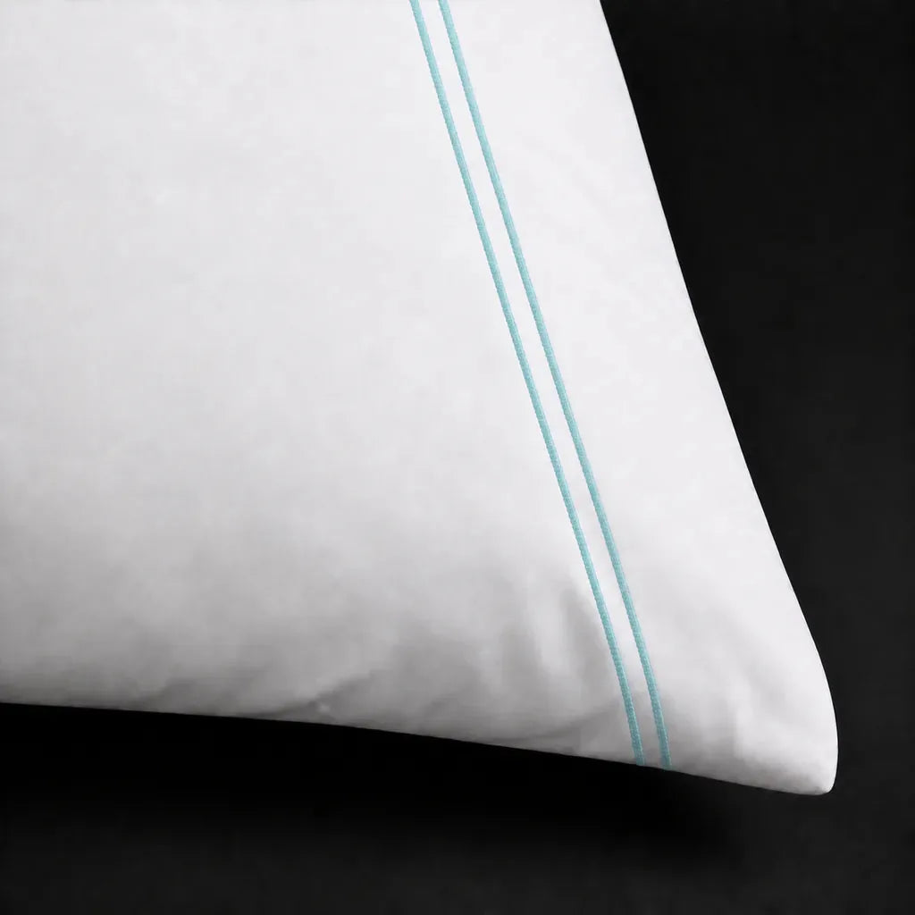 White 200TC plain duvet cover with Duck Egg two row satin stitch - satin stitch close-up - Linen and Co