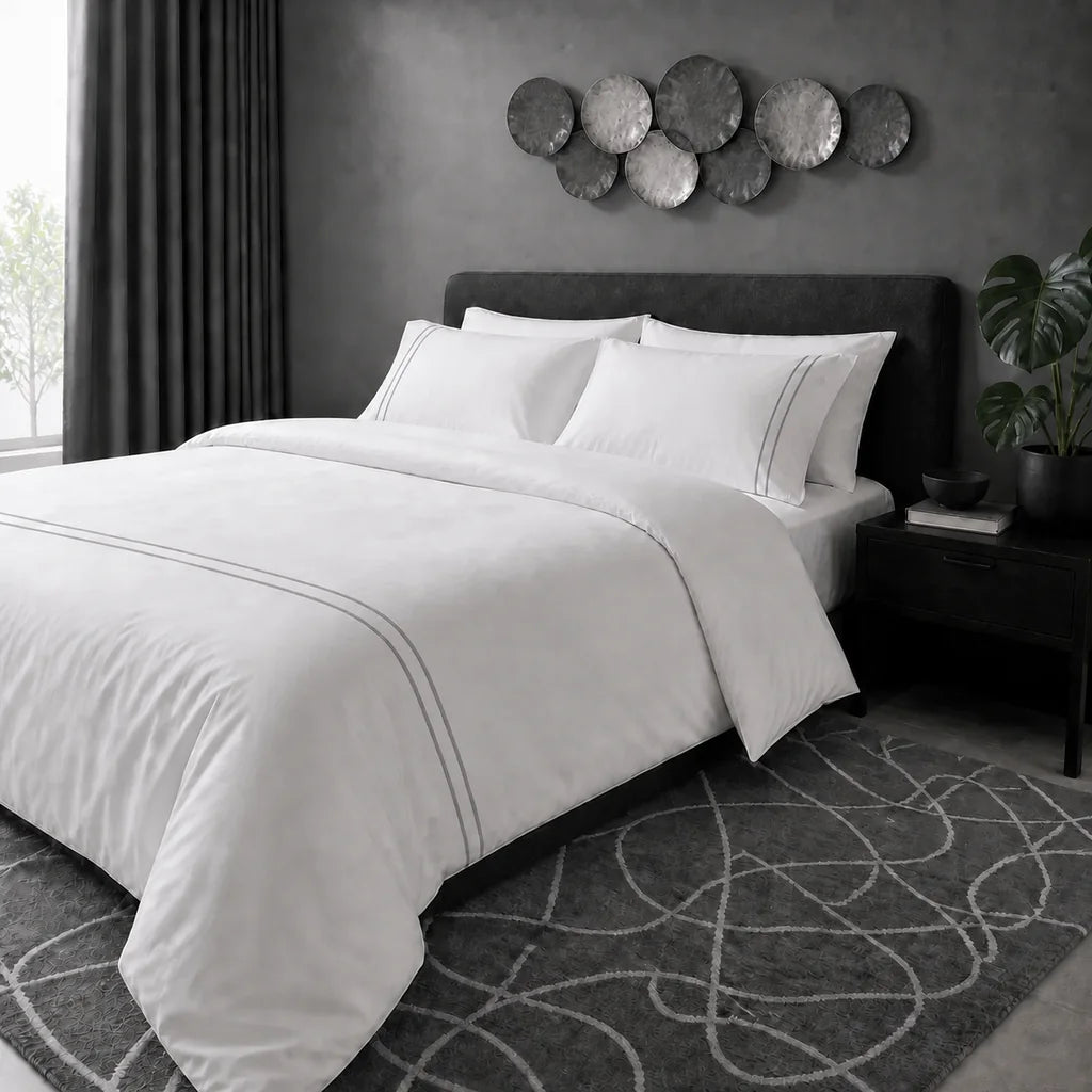 White 200TC plain duvet cover with Grey two row satin stitch - hero - Linen and Co