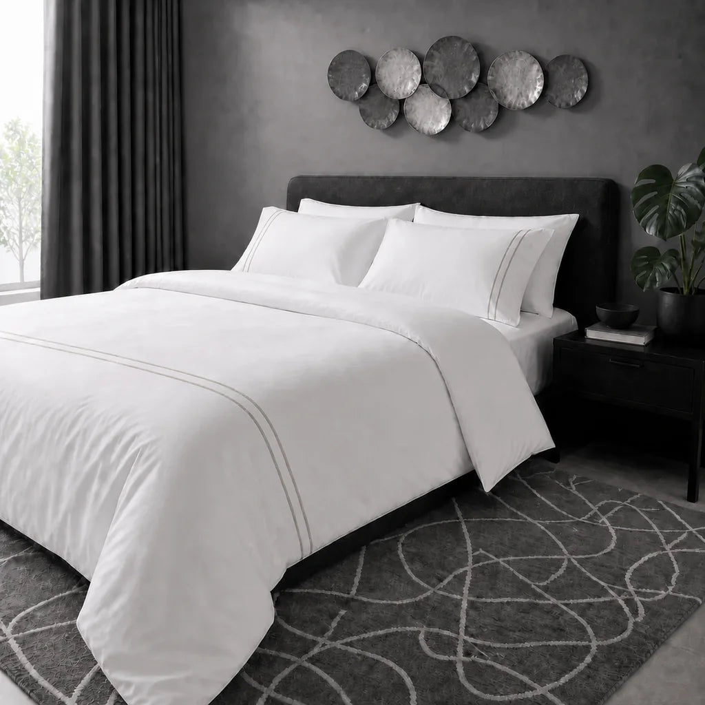 White 200TC plain duvet cover with Stone two row satin stitch - hero - Linen and Co