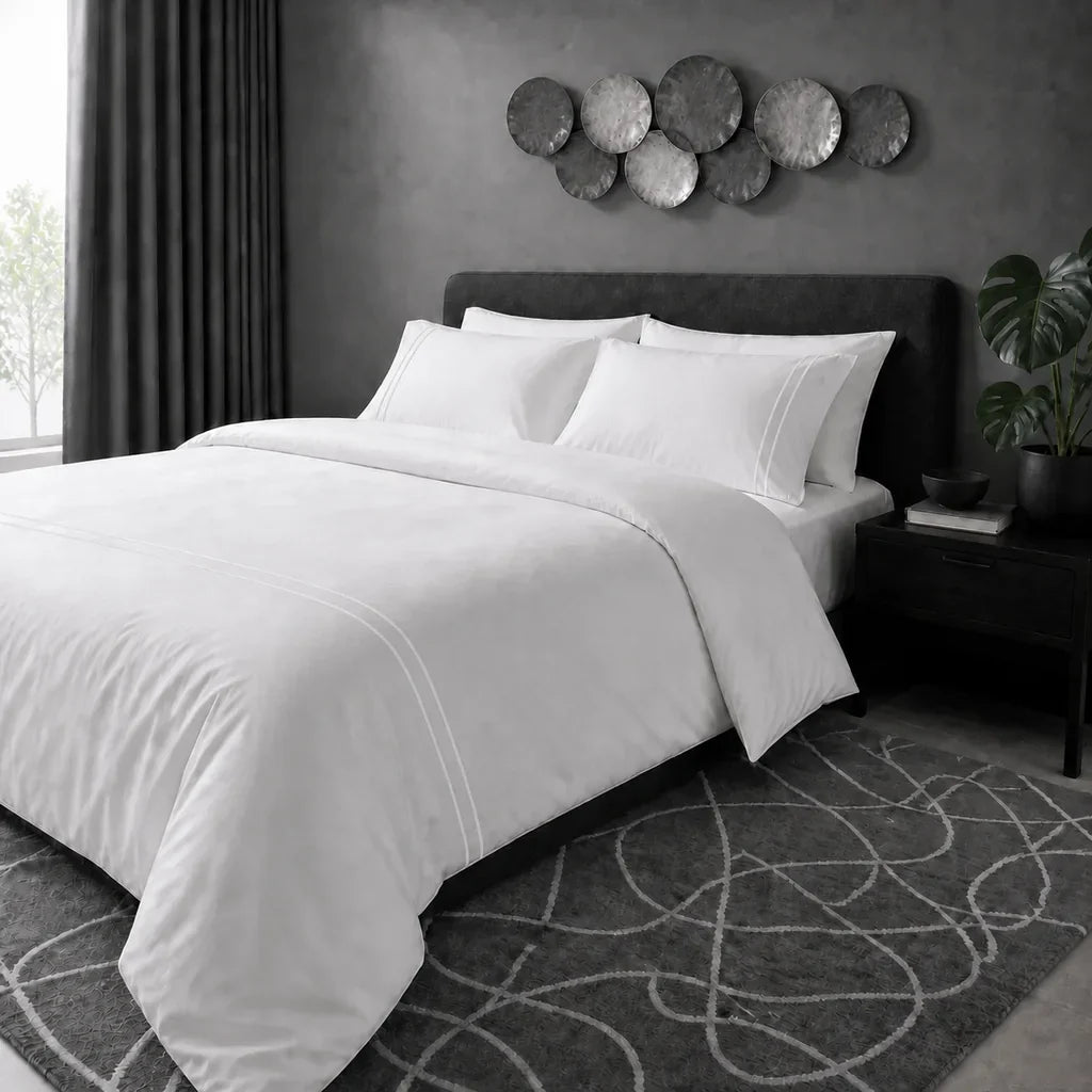 White 200TC plain duvet cover with White two row satin stitch - hero - Linen and Co