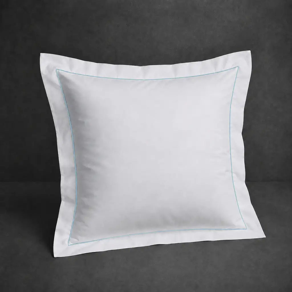 White 100% cotton percale 300TC Oxford pillow case, Continental, duck egg one-row satin stitch — front view.