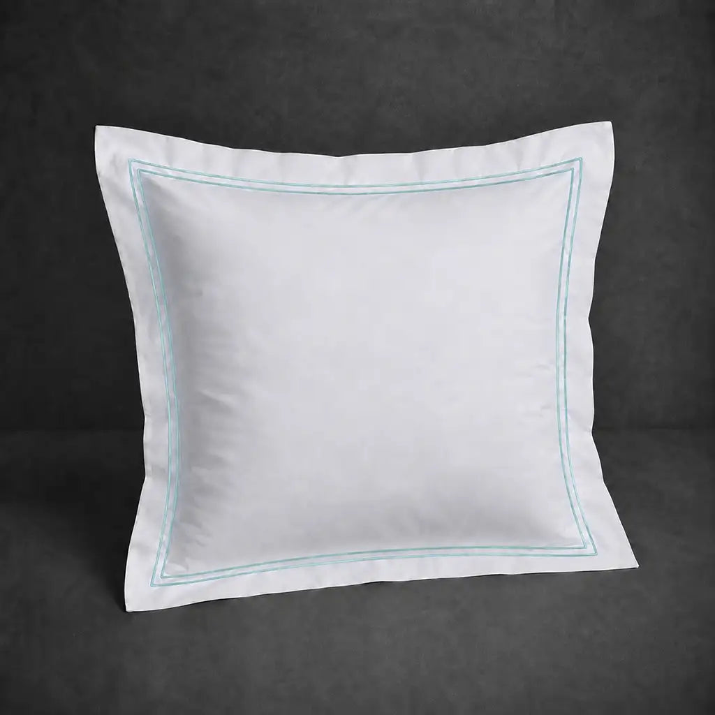White 100% cotton percale 300TC Oxford pillow case, Continental, duck egg two-row satin stitch — front view.