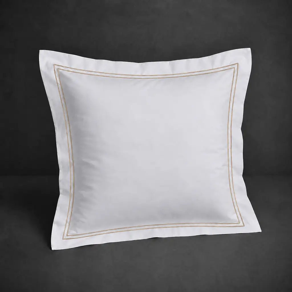 White 100% cotton percale 300TC Oxford pillow case, Continental, stone two-row satin stitch — front view.