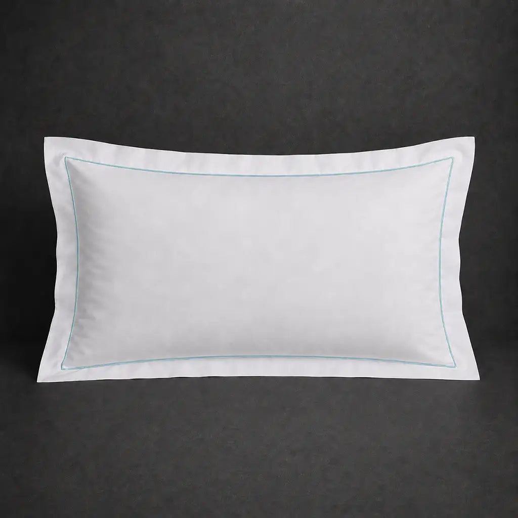 White 100% cotton percale 300TC Oxford pillow case, Standard and King, duck egg one-row satin stitch — front view.