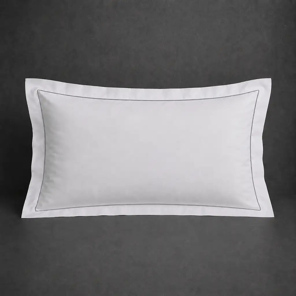 White 100% cotton percale 300TC Oxford pillow case, Standard and King, grey one-row satin stitch — front view.