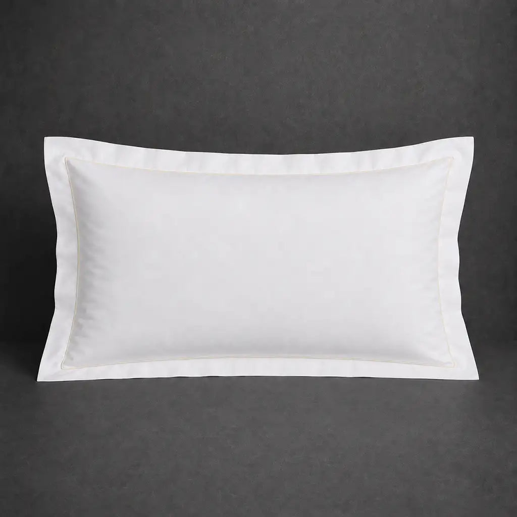 White 100% cotton percale 300TC Oxford pillow case, Standard and King, natural cream one-row satin stitch — front view.