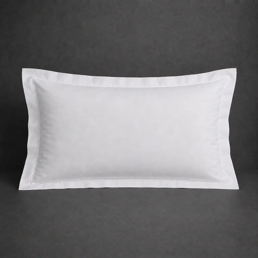 White 100% cotton percale 300TC Oxford pillow case, Standard and King, white one-row satin stitch — front view.