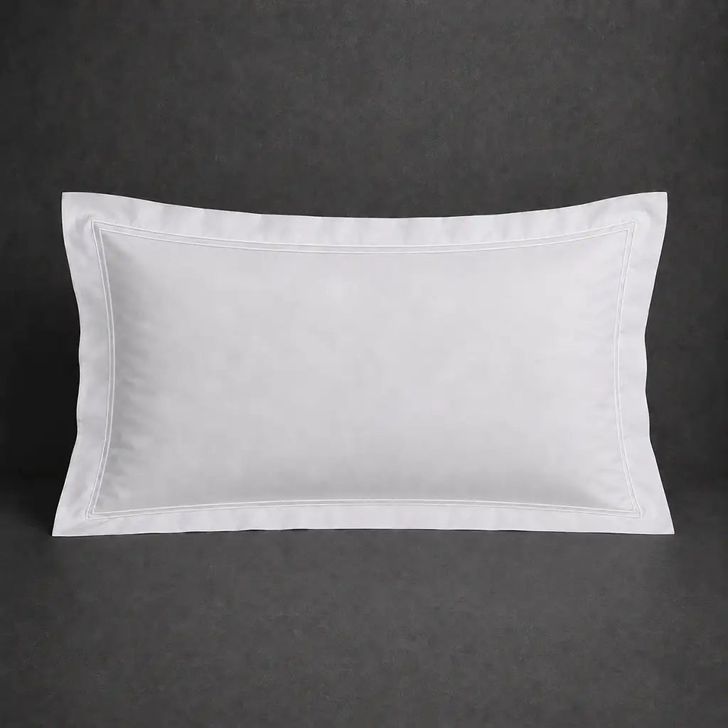 White 100% cotton percale 300TC Oxford pillow case, Standard and King, white two-row satin stitch — front view.