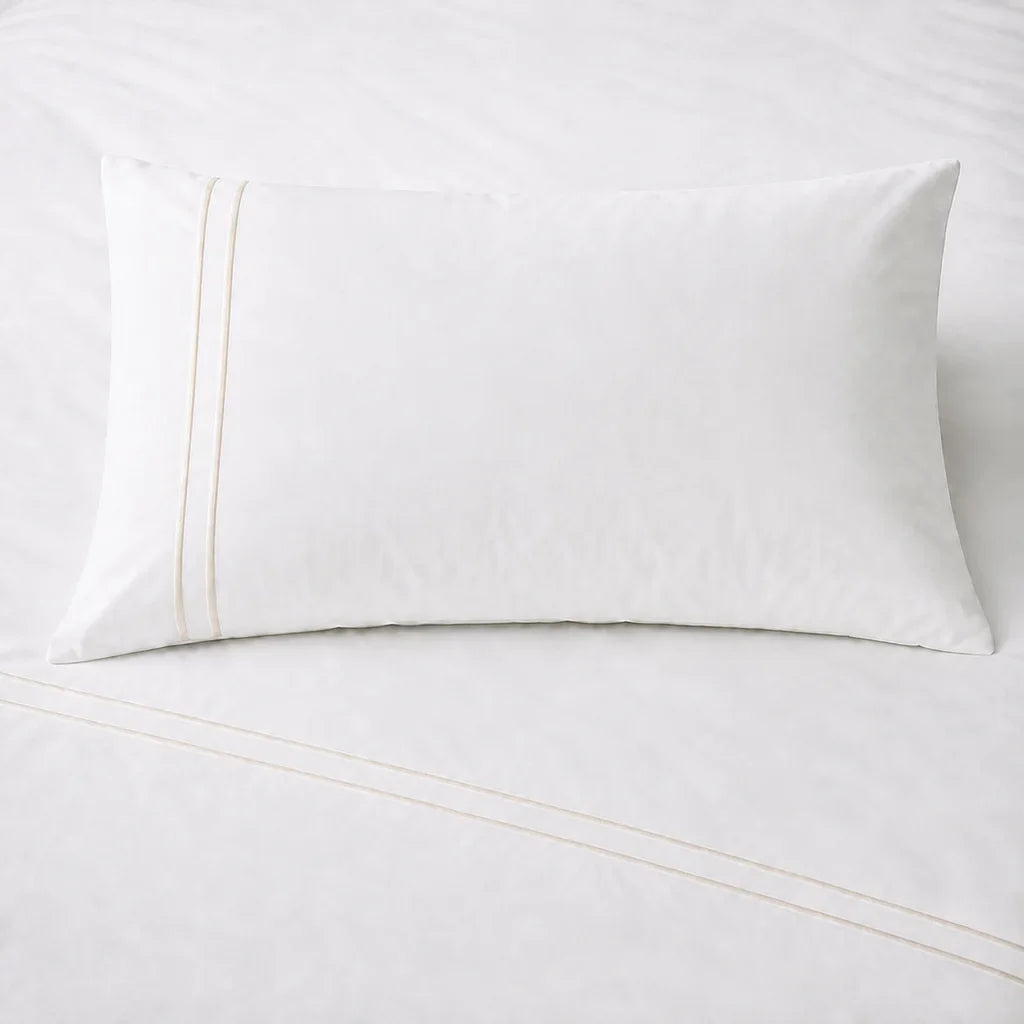 White 300TC plain duvet cover with Cream two row satin stitch - close-up - Linen and Co