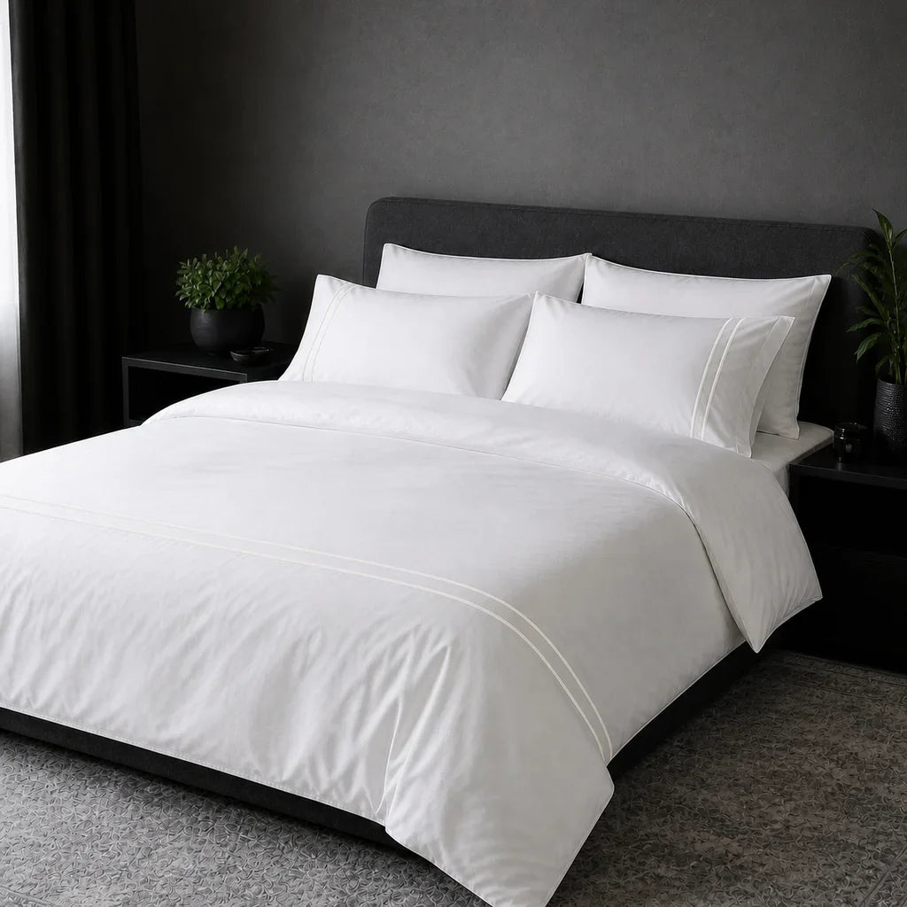 White 300TC plain duvet cover with Cream two row satin stitch - hero - Linen and Co