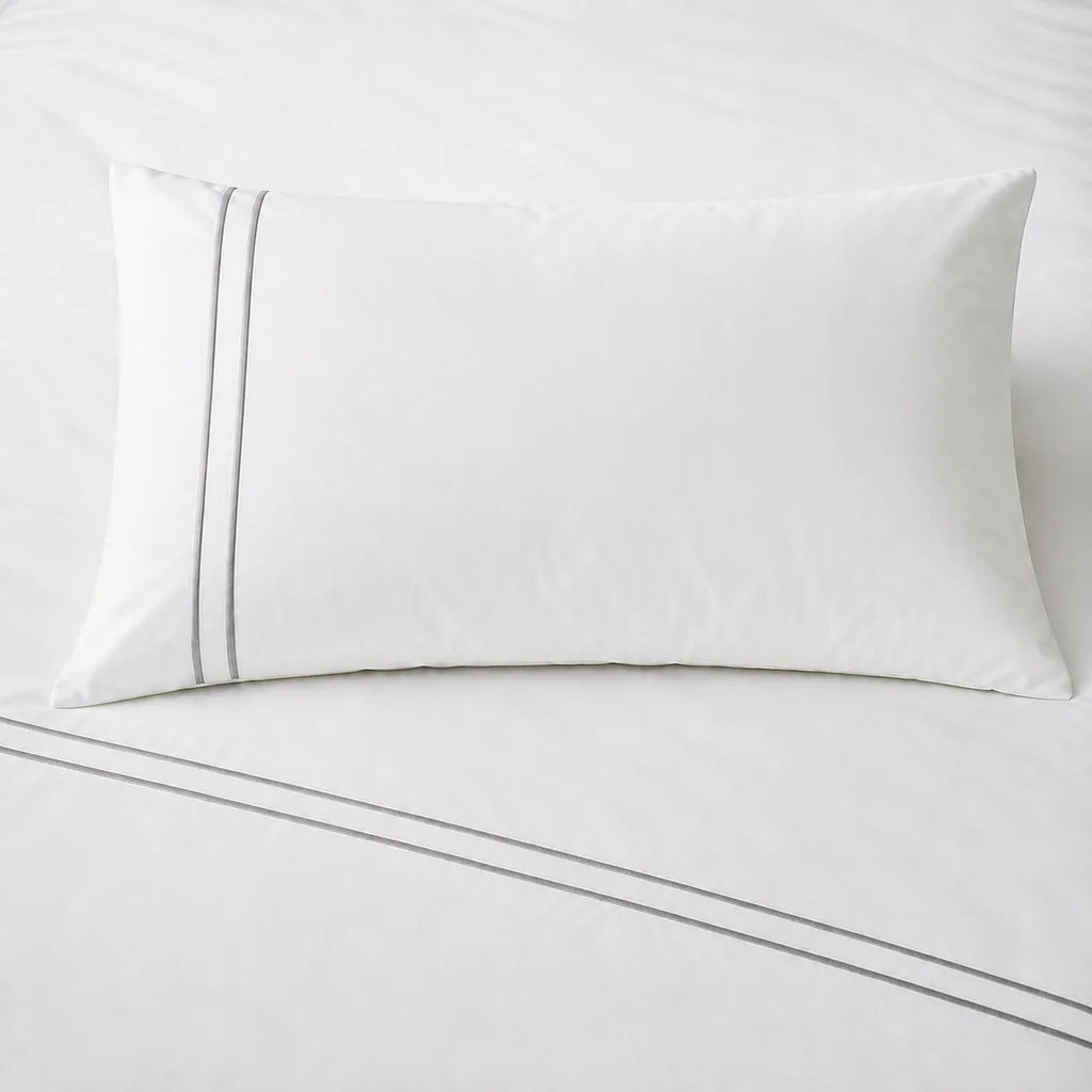 White 300TC plain duvet cover with Grey two row satin stitch - close-up - Linen and Co