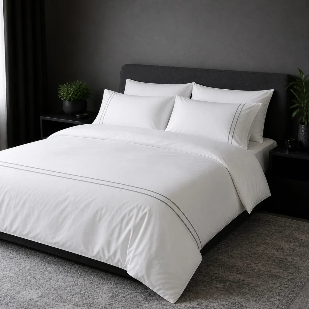 White 300TC plain duvet cover with Grey two row satin stitch - hero - Linen and Co