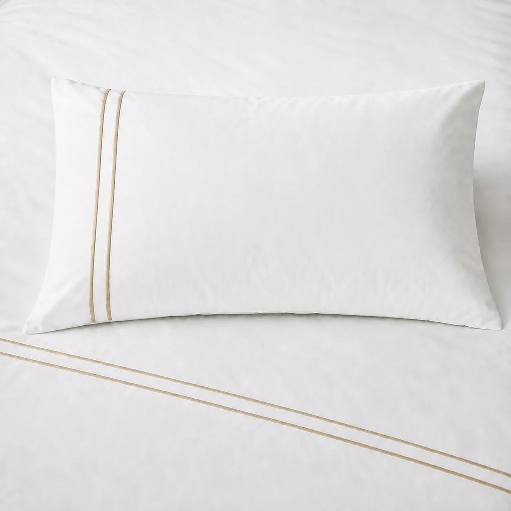 White 300TC plain duvet cover with Stone two row satin stitch - close-up - Linen and Co