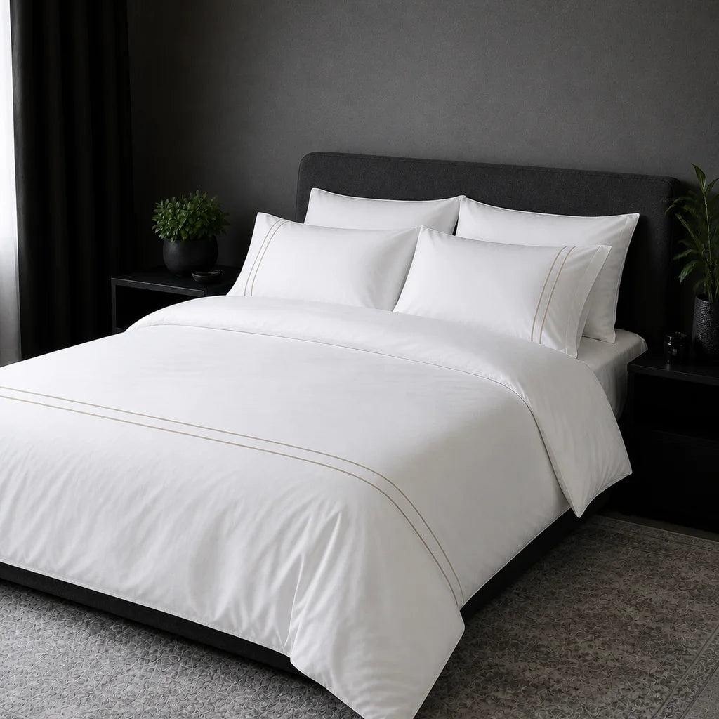 White 300TC plain duvet cover with Stone two row satin stitch - hero - Linen and Co