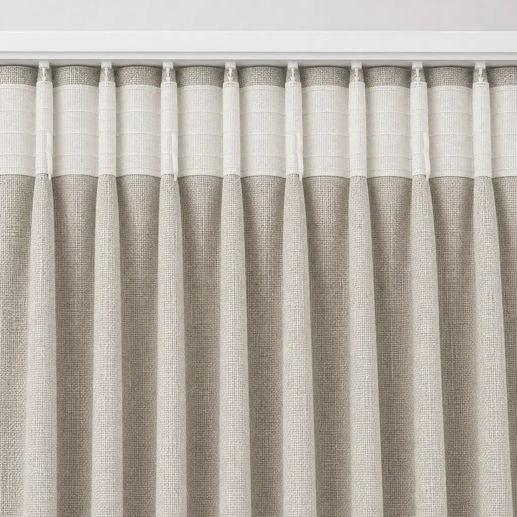 Close-up of Daloa Linen blockout taped curtain fabric by Silk House for Linen & Co