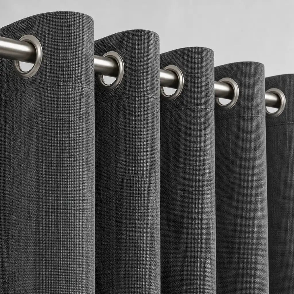 Close-up of Daloa Storm blockout eyelet curtain fabric by Silk House for Linen & Co