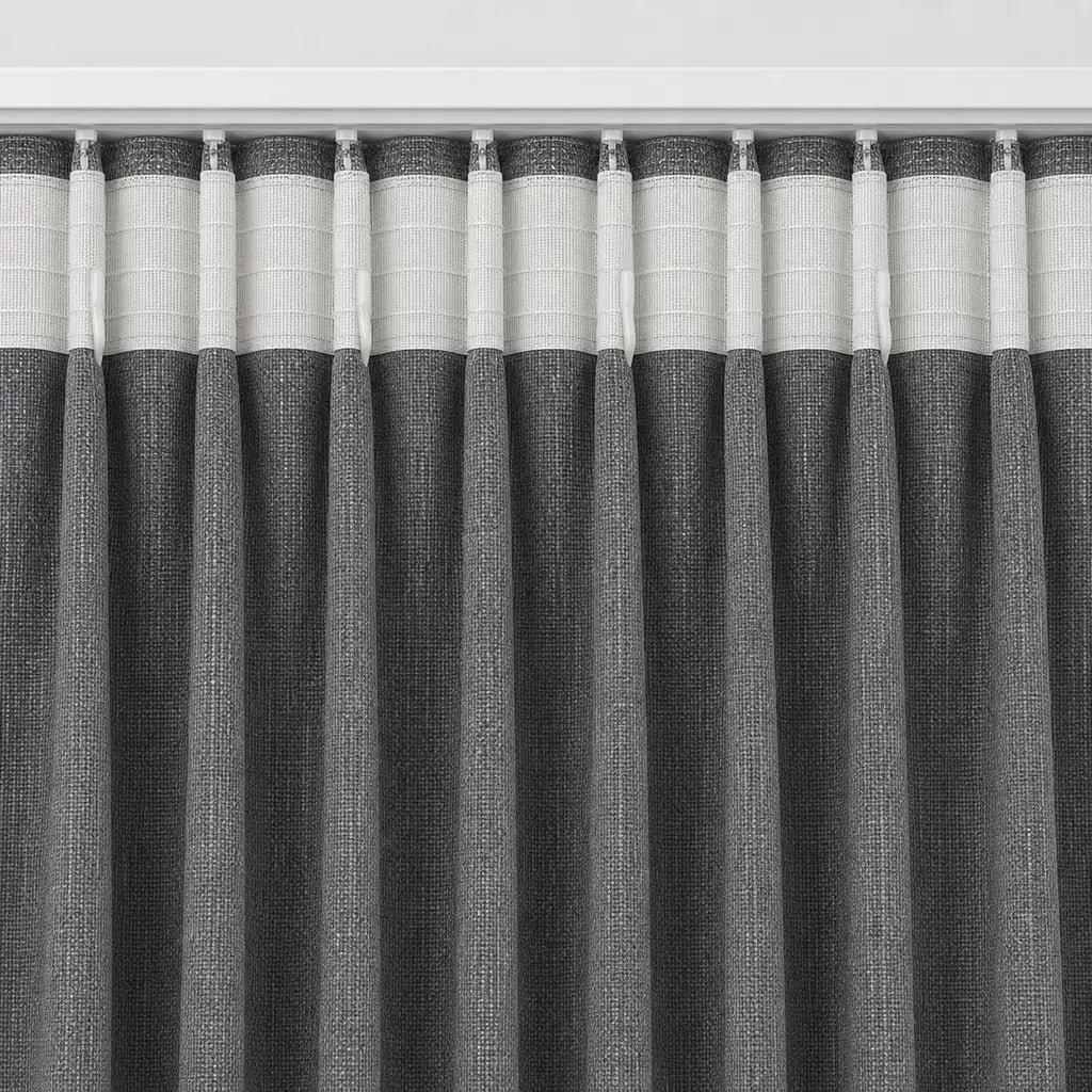 Close-up of Daloa Storm blockout taped curtain fabric by Silk House for Linen & Co