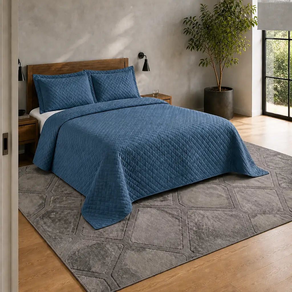 Denim Stanford Quilted Bedspread Set - Hero room view by Linen and Co