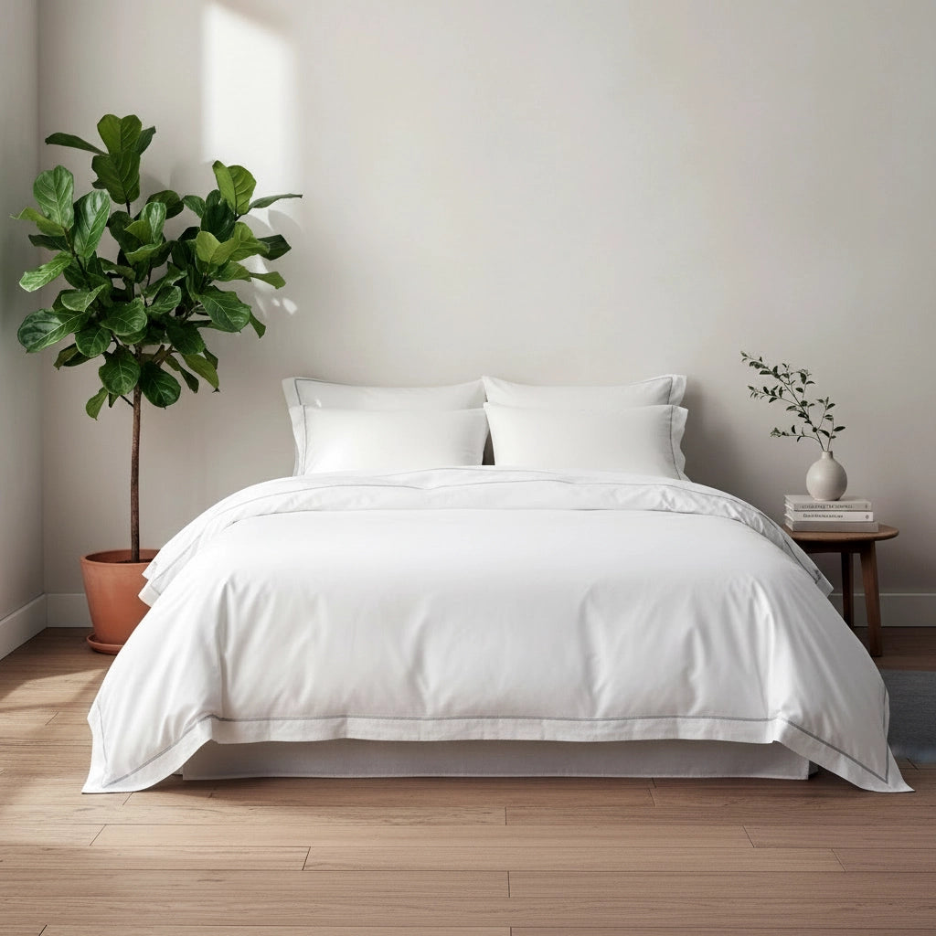 Hospitality-grade luxury white bed linen and crisp pillowcases by Linen and Co, styled in a minimalist bedroom with wooden flooring, potted plant, and elegant bedside table.