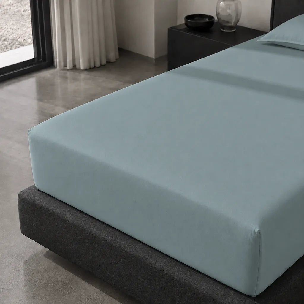 Duck Egg Cotton Percale 200TC Fitted Sheets fitted mattress corner detail - Linen and Co
