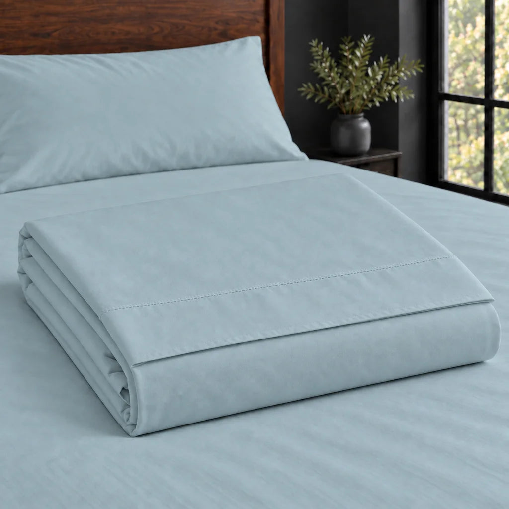duck egg cotton percale 200tc flat sheet, plain no satin stitch — construction — Linen and Co