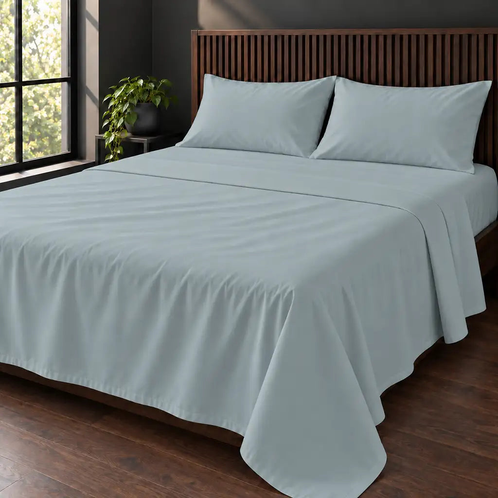 duck egg cotton percale 200tc flat sheet, plain no satin stitch — hero — Linen and Co