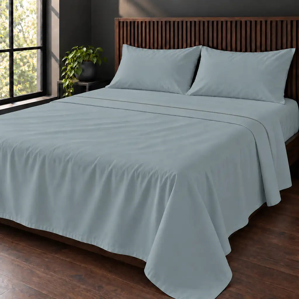 duck egg cotton percale 200tc flat sheet, one row grey satin stitch — hero — Linen and Co