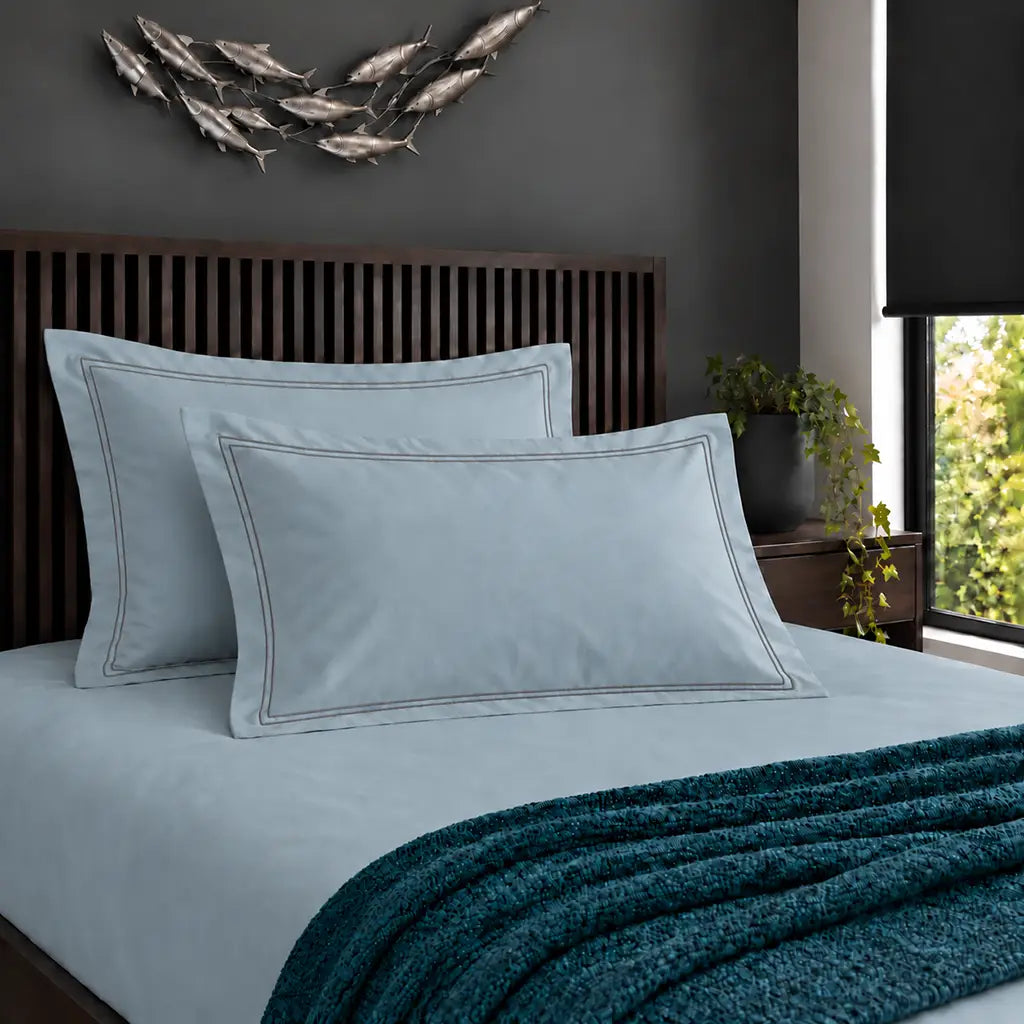 Oxford duck egg 200TC cotton percale pillowcases with two row grey satin stitch border by Linen and Co