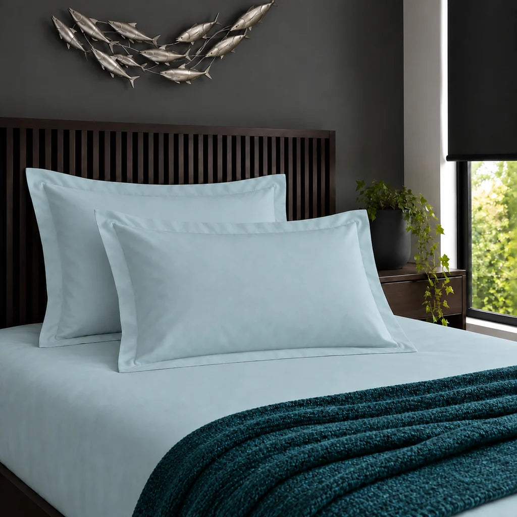 Oxford duck egg 200TC 100% cotton percale pillowcases with no satin stitch border by Linen and Co