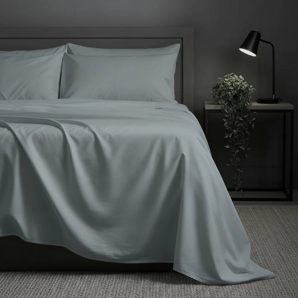 Duck Egg flat sheet in hotel setting by Linen and Co - premium hospitality bed linen