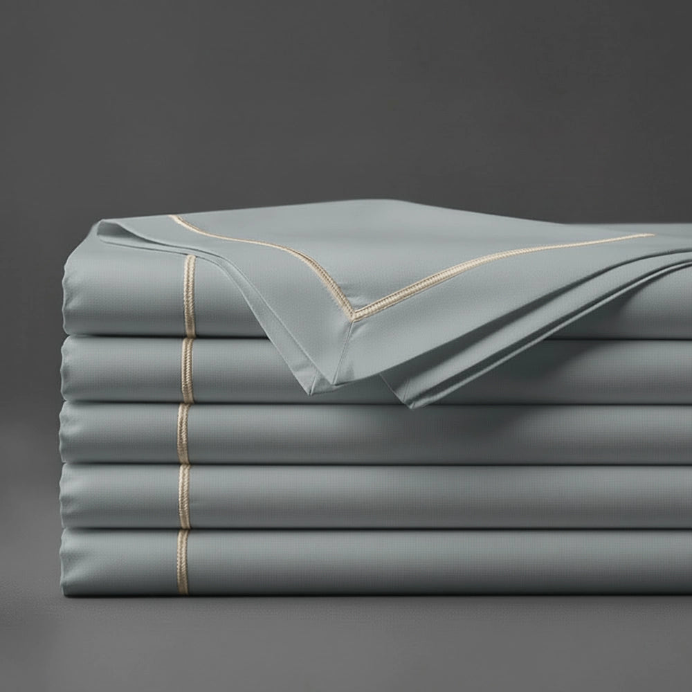 Duck Egg Flat Sheet with Stone Satin Stitch by Linen and Co - premium bed linen