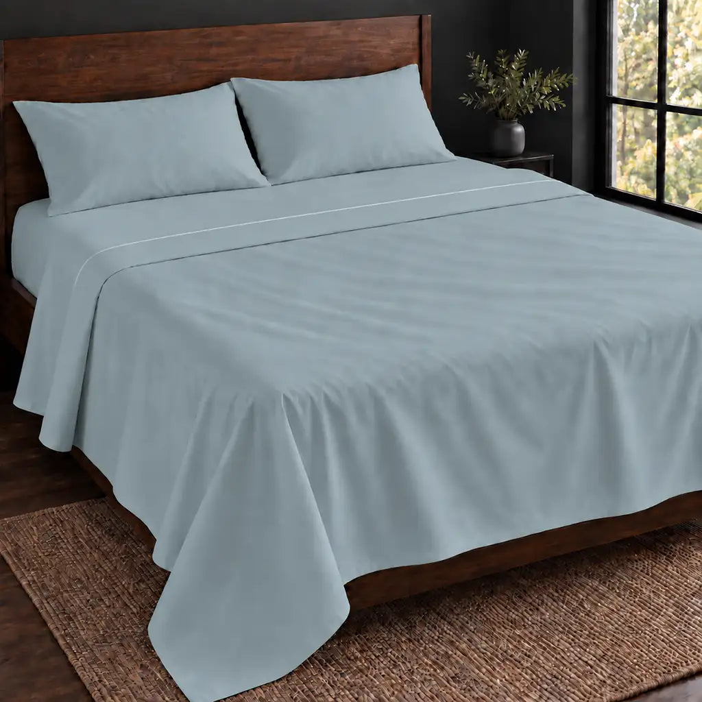 duck egg polycotton percale 200tc flat sheet, one row white satin stitch — hero — Linen and Co