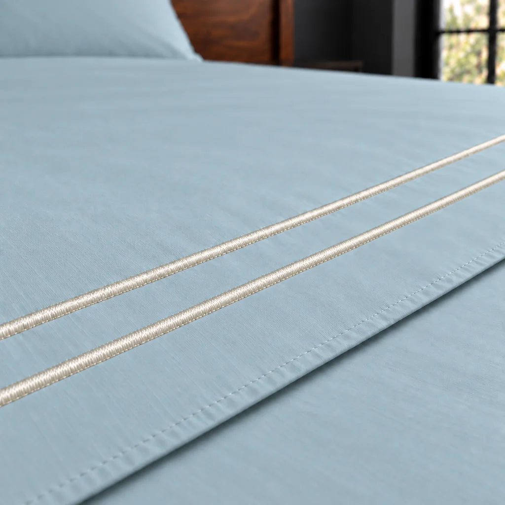 duck egg polycotton percale 200tc flat sheet, two row cream satin stitch — close up — Linen and Co