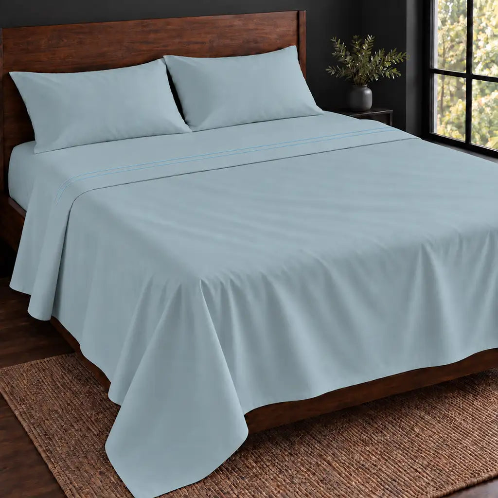duck egg polycotton percale 200tc flat sheet, two row duck egg satin stitch — hero — Linen and Co