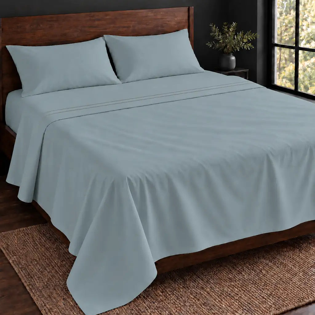 duck egg polycotton percale 200tc flat sheet, two row grey satin stitch — hero — Linen and Co