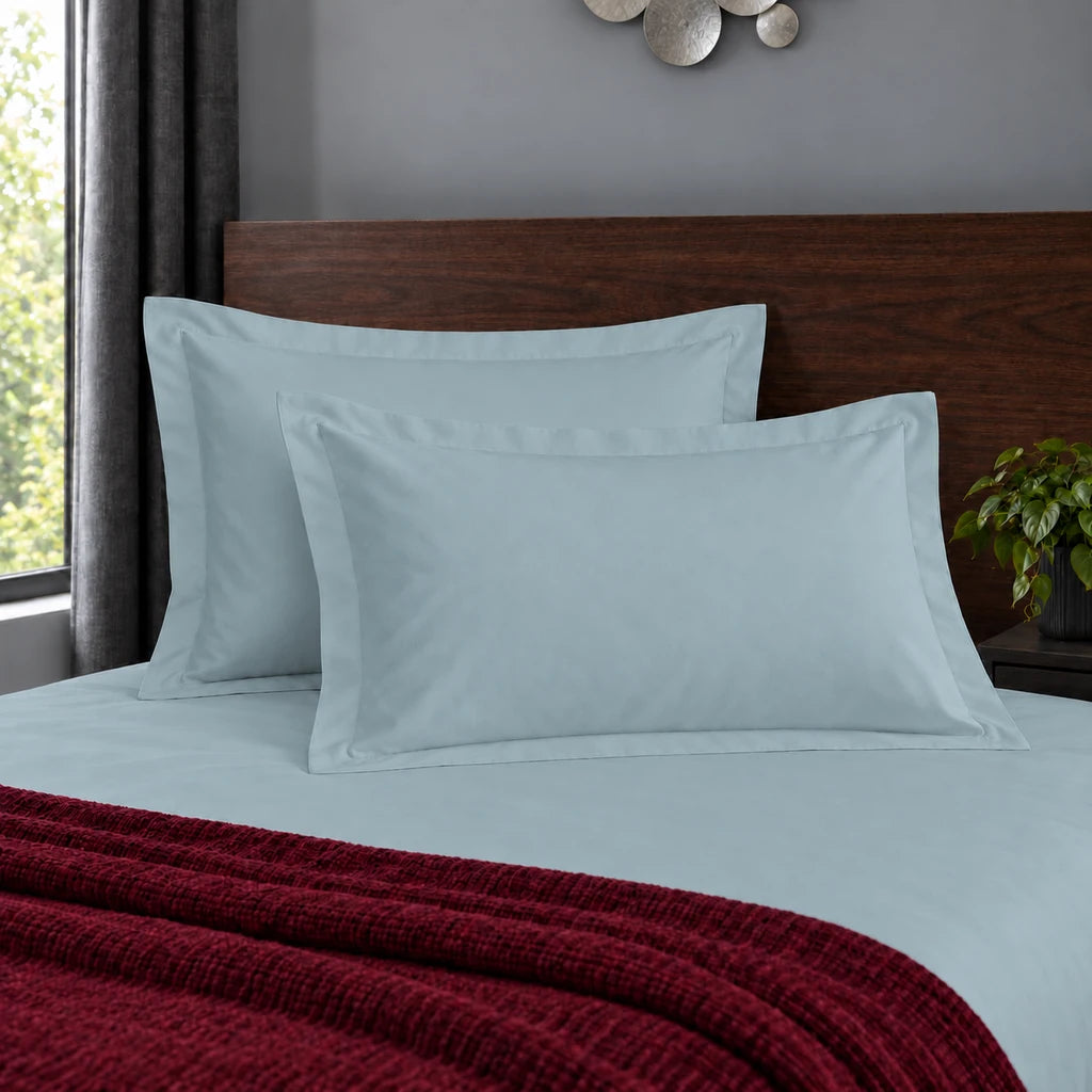 Oxford duck egg 200TC polycotton percale pillowcases with no satin stitch border by Linen and Co