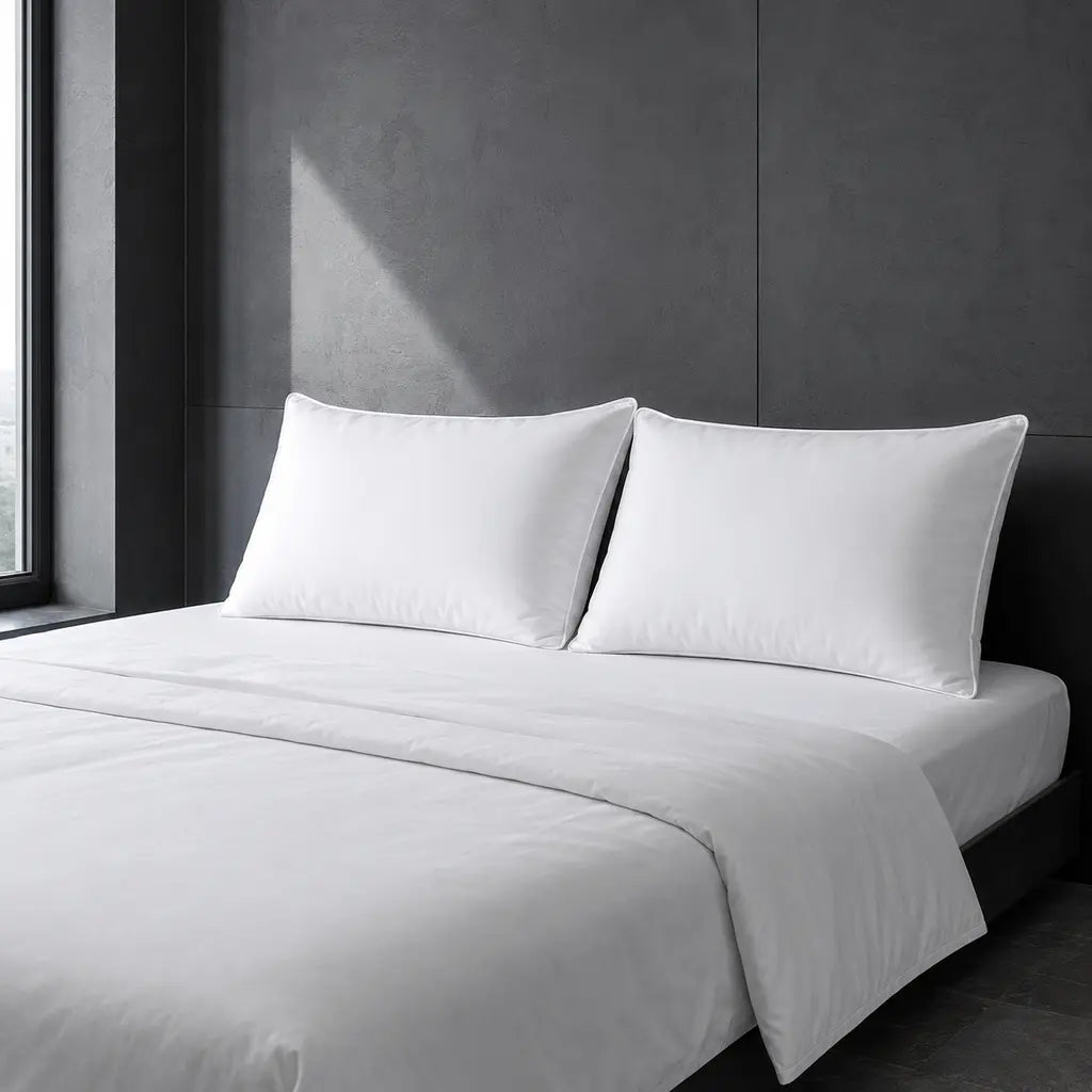 Duck Feather Pillow twin pack styled on a cool grey hotel bed