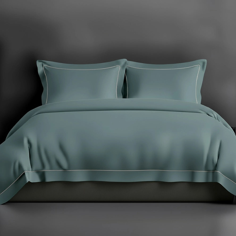 Duck Egg Oxford duvet cover with satin stitch by Linen and Co - luxury hospitality bed linen