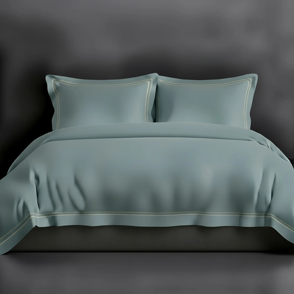 Duck Egg Oxford duvet cover with satin stitch by Linen and Co - luxury hospitality bed linen
