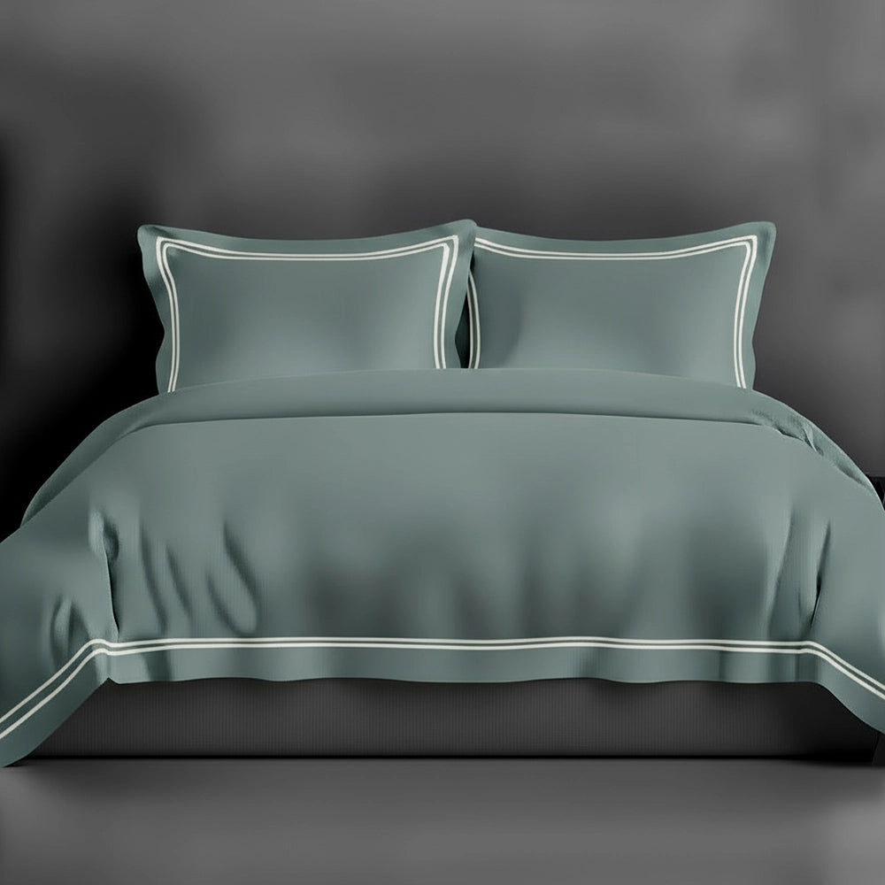 Duck Egg Oxford duvet cover with satin stitch by Linen and Co - luxury hospitality bed linen