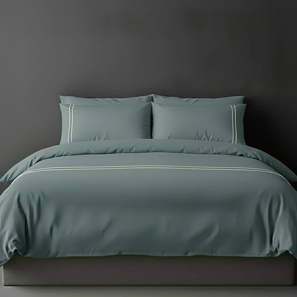 Duck Egg duvet cover with grey satin stitch and pillows by Linen and Co - luxury bed linen