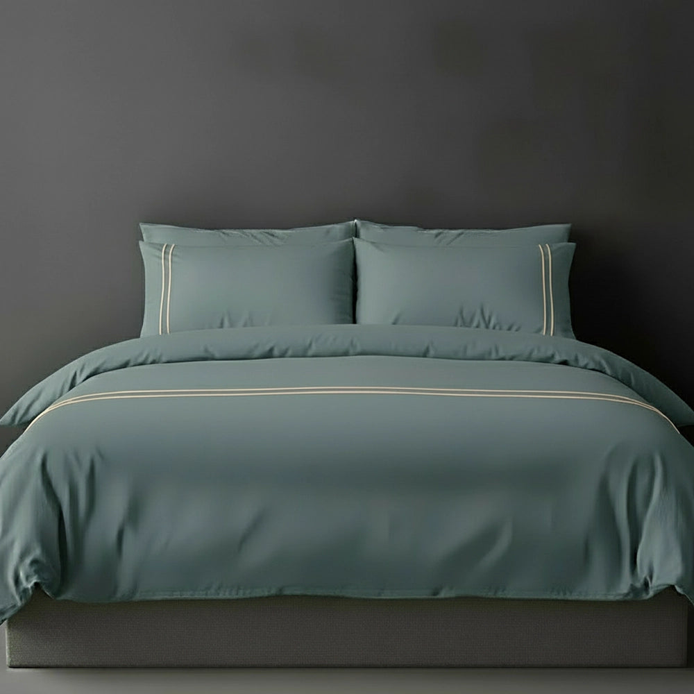 Duck Egg duvet cover with stone satin stitch and pillows by Linen and Co - luxury bed linen