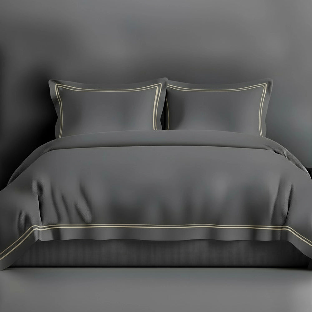 Grey Oxford duvet cover with satin stitch by Linen and Co - luxury hospitality bed linen