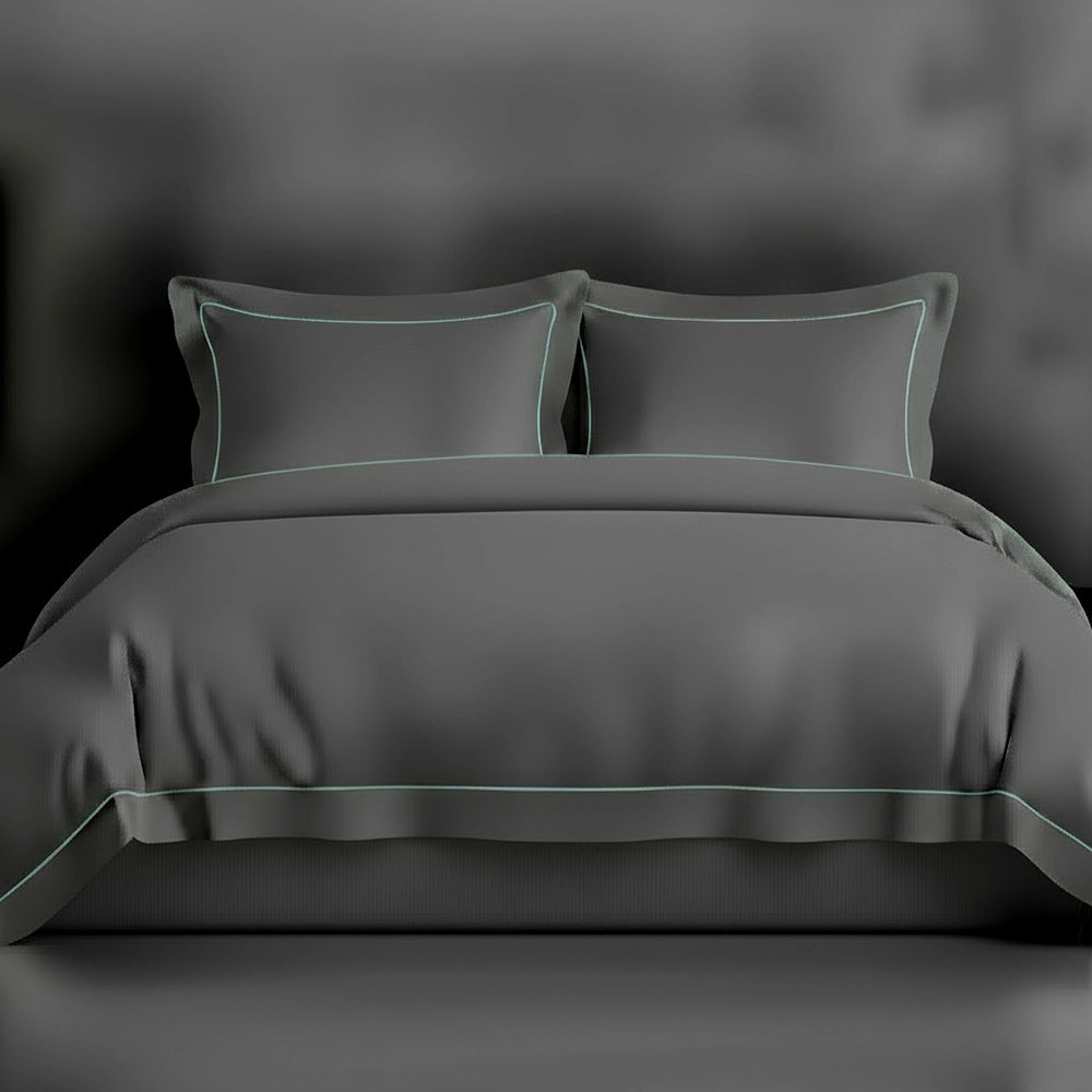 Grey Oxford duvet cover with satin stitch by Linen and Co - luxury hospitality bed linen