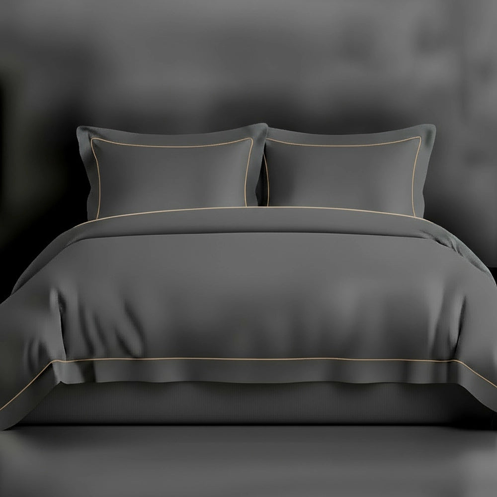 Grey Oxford duvet cover with satin stitch by Linen and Co - luxury hospitality bed linen