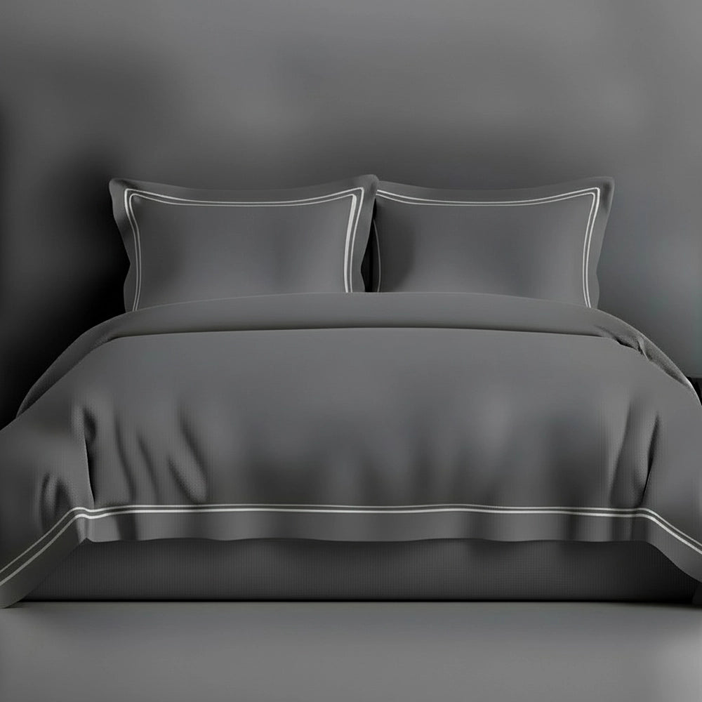 Grey Oxford duvet cover with satin stitch by Linen and Co - luxury hospitality bed linen