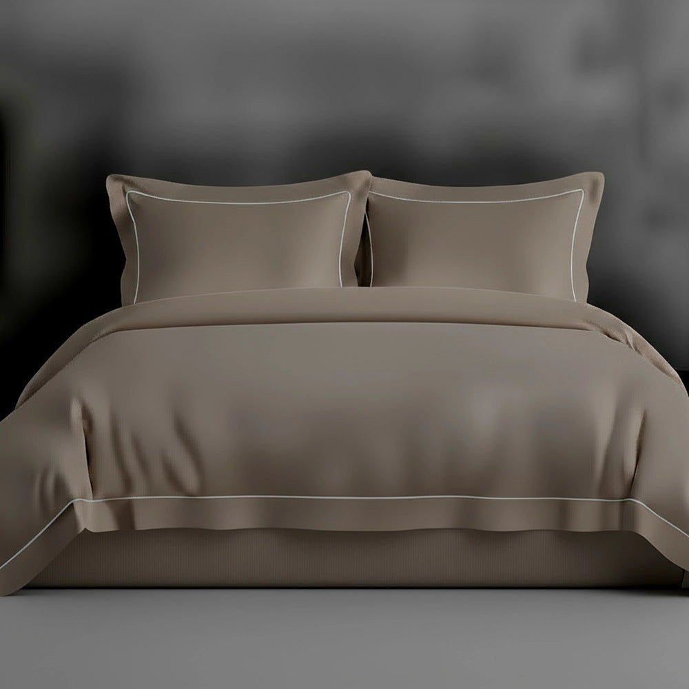 Stone Oxford duvet cover with satin stitch by Linen and Co - luxury hospitality bed linen