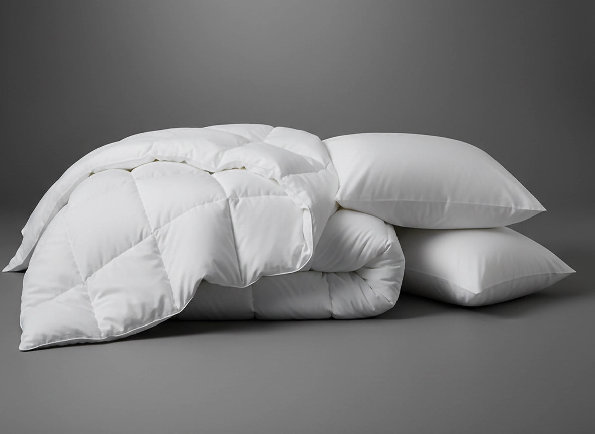 White duvet inner and pillows by Linen and Co on a grey background - premium hospitality bedding for hotels and guest houses